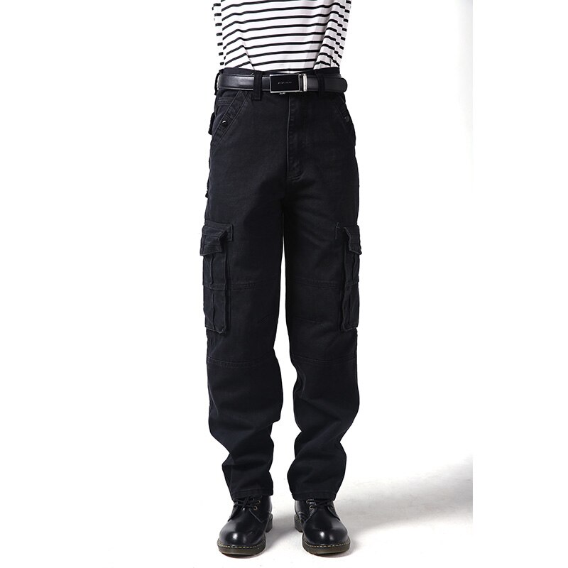 Men&s Cargo Skateboard Jeans Trousers Loose Baggy Denim Pants For Male Size 30-44 Black Color